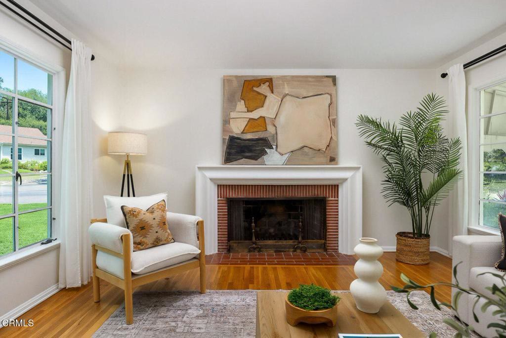 Living room seating area beside the fireplace
